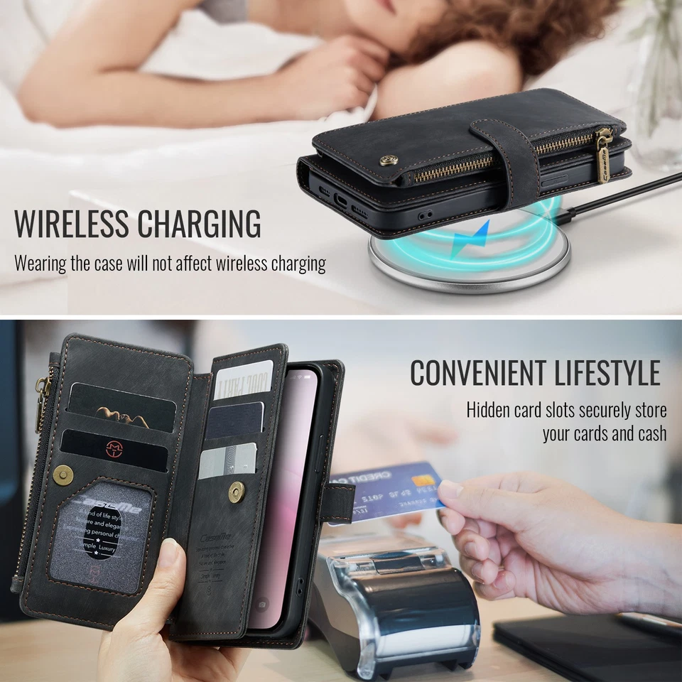 For iPhone 17 Pro Max 17 16 15 Magnetic PU Leather Flip Stand Zipper Wallet Case - Image 4 of 4