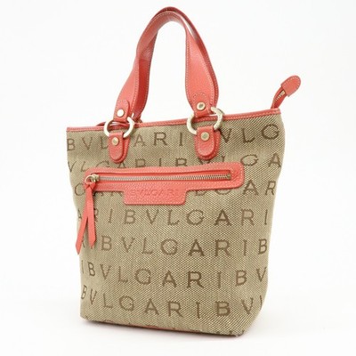BVLGARI Logo Mania Jacquard Leather Tote Bag Hand Bag Beige Red