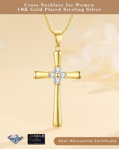 Gold Cross Necklace for Women 18K Yellow Gold Moissanite Diamond Pendant Neck... - Picture 2 of 6