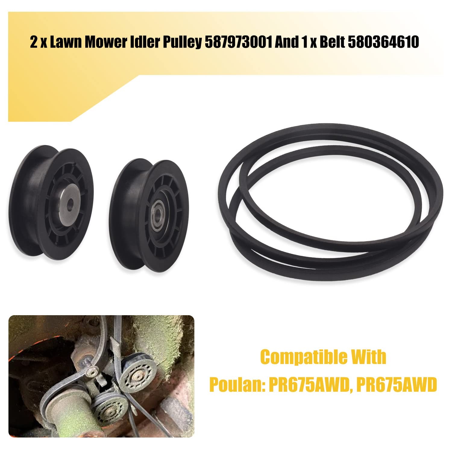Braveboy 2 x Lawn Mower Idler Pulley 587973001 581904001 & 1 x Belt Black 