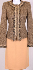 ST.JOHN Women's Tweed Tan Black Fringed Trim Jacket  Skirt Sz 4-6