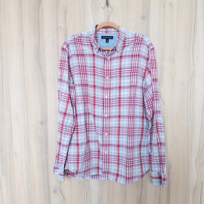 Banana Republic Mens Linen Plaid Button Down Shirt Large Red Long Sleeve Preppy