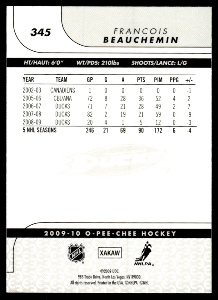 2009-10 O-Pee-Chee Rainbow Francois Beauchemin Anaheim Ducks #345 - Image 2 of 2