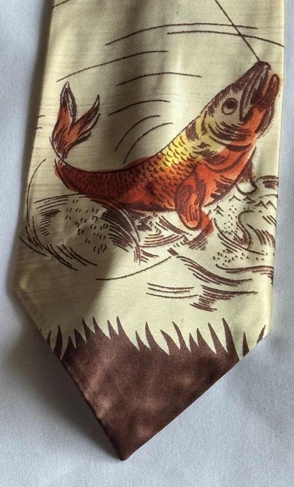 Corbata vintage estampada melodía por ARCO Fish, corbata de pesca naranja amarilla para hombre 4x52 Foto 4 de 4