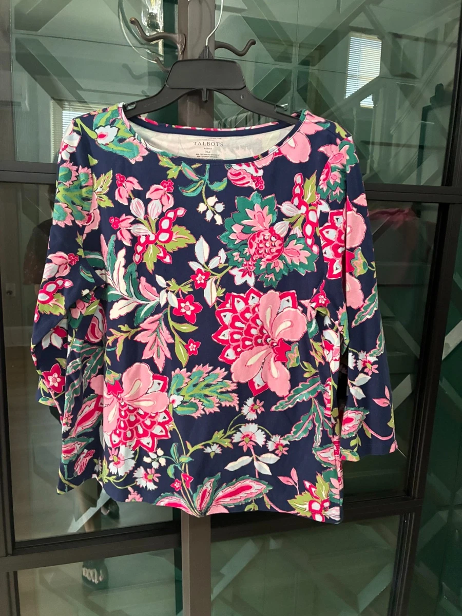Chemisier Talbots Petite Taille 4P Noir Imprimé Floral Crème Manches Courtes - NWOT