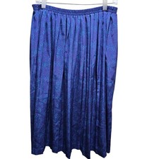 Leslie Fay Petite Vintage Purple Teal Boho Retro Pleated Midi Skirt Elastic