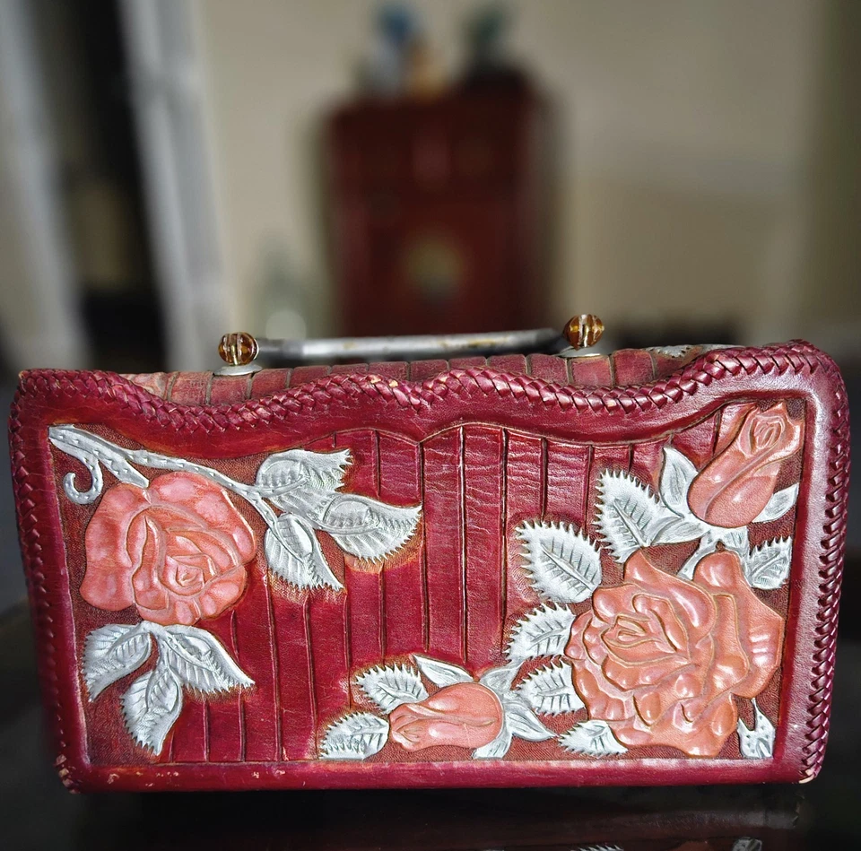 Bolsa de couro vintage Southwestern com alça de acrílico trava de giro - Imagem 3 de 4