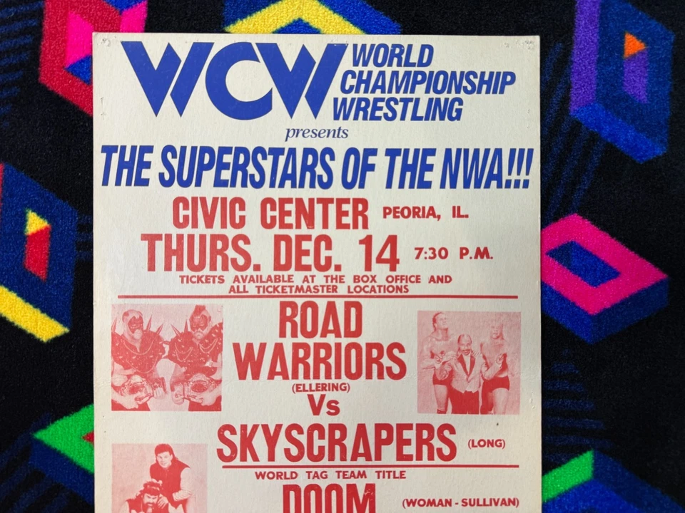 Póster de evento original de lucha libre WCW NWA 14/12/1989 Peoria, IL Road Warriors Foto 2 de 4