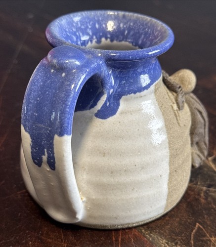 Vintage Funny Face Mustache Hand crafted blue pottery mug 4 Inches - Picture 4 of 7