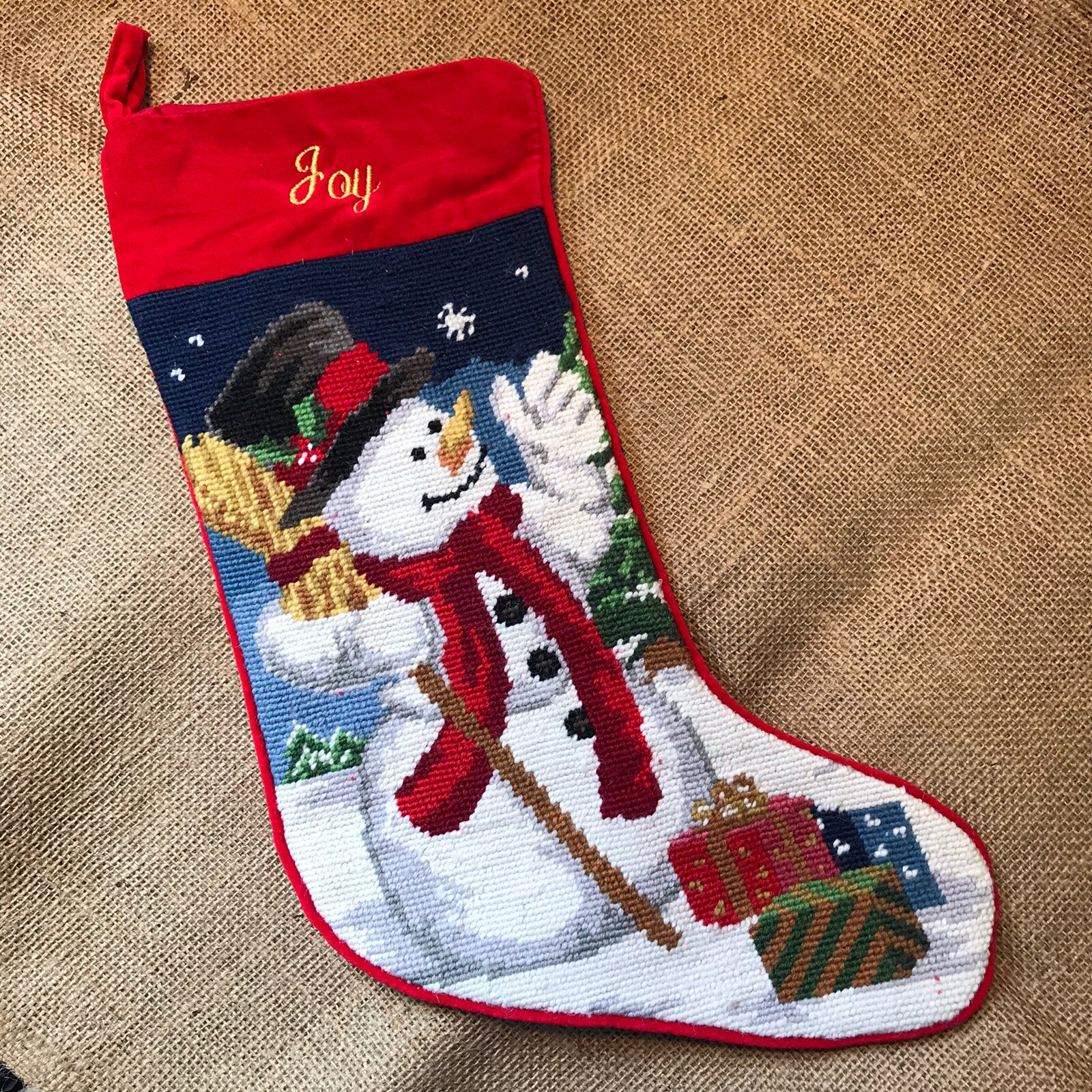 Lillian Vernon Needlepoint Wool Christmas Stocking Snowman JOY 19