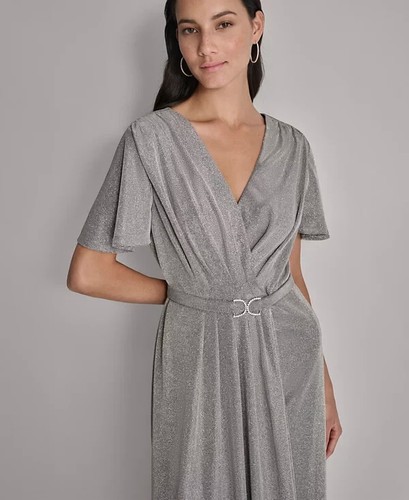 DKNY Women's Pleated Belted Flutter-Sleeve Gown, Silver Metallic, Size -10 - Picture 2 of 5