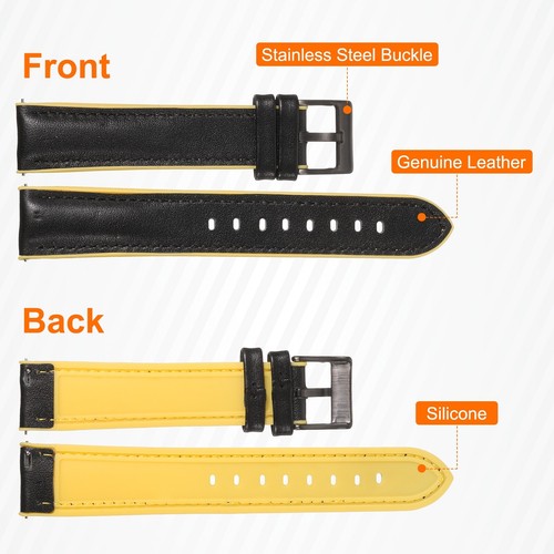 22mm Genuine Leather Watch Band with Silicone Waterproof Lining, Black Yellow - Zdjęcie 3 z 6