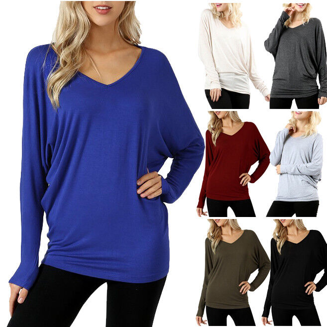 Women's Loose V-Neck Long Sleeve Batwing Dolman Tunic Blouse Top T