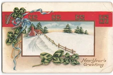 Postcard New Year's Greeting winter home scene, Whitney Made Vintage VPC01.