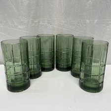 Vintage Anchor Hocking Tartan Plaid Green 6" Tumbler Glasses 16 Oz USA (6)