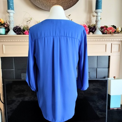 Pleione Deep Blue Blouse Top L V-Neck 3/4 Sleeve Elastic Cuffs Pleats Slipover - Picture 3 of 6