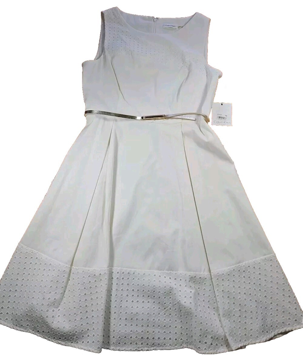 CALVIN KlEIN Ivory Dress Sz 10 NWT Cotton/Spandex Eyelet Accents Zip Back  Lined