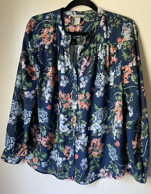 H&M Women's Blue Coral Flowers Long Sleeved Blouse Size 6 Lightweight Collarless