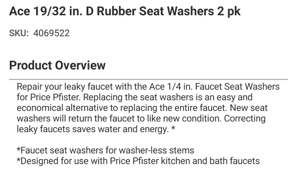 Arandelas de asiento ACE 3H-8H/C para Grifos Price Pfister Hydroseal 4069522 Foto 2 de 3