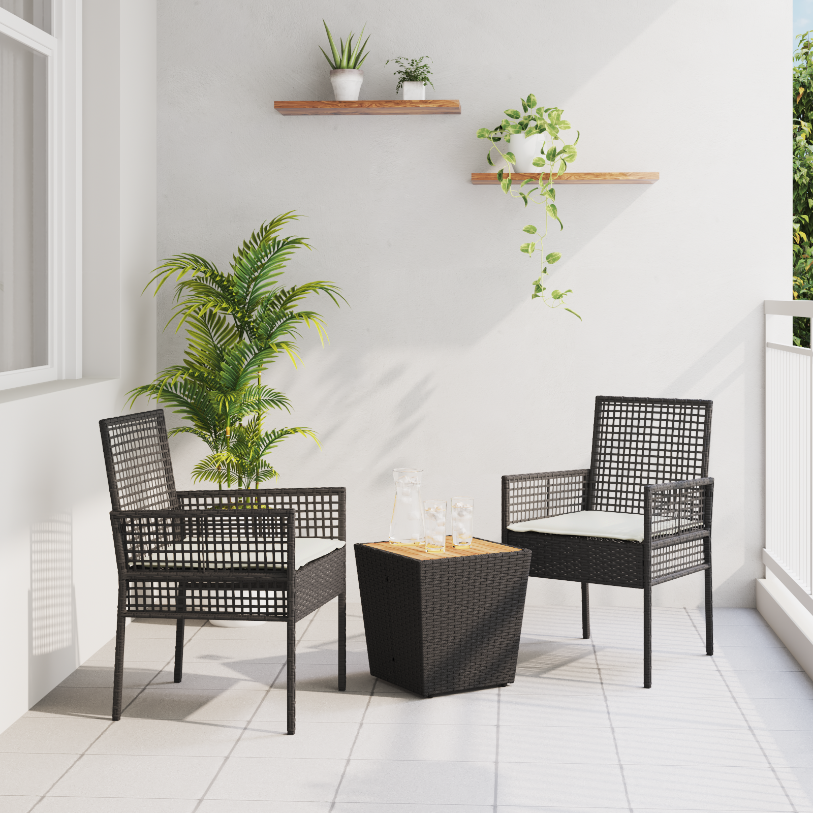 Set da Giardino Bistro 3 Pezzi con Cuscini Nero Rattan Sintetico