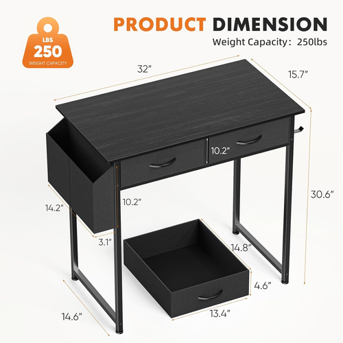 Small Computer Desk 32 Inch with 2 Fabric Storage Drawer Space Side Pockets Head - Picture 3 of 7