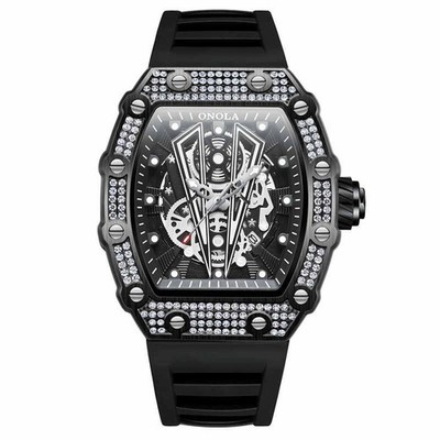 ONOLA Men Tonneau Skeleton Sapphire Iced Out Crystal Bezel Luminous Quartz Watch