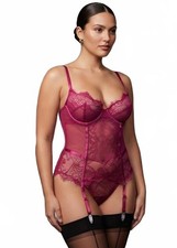 Frederick  s of Hollywood Magenta Lace Garter Bustier Size M Sheer Mesh