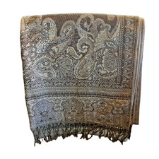 Reversible Jacquard-Woven Paisley Pashmina Fringed Shawl Wrap - Neutral Tones