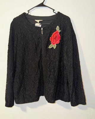 ADIVA Women s Black Lace Zip Lined Short Jacket Red Rose Embroidered 1X