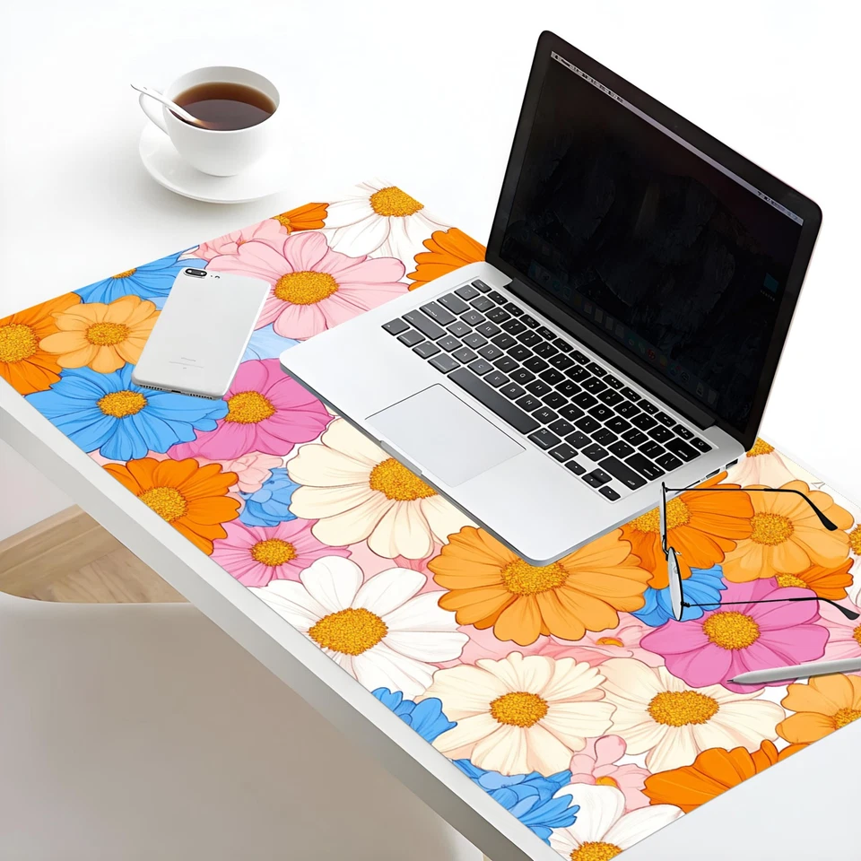 Pink Daisy Blue and Orange Floral Desk Pad for Keyboard Desk Mat 31.5x15.7 inch - Image 3 of 4