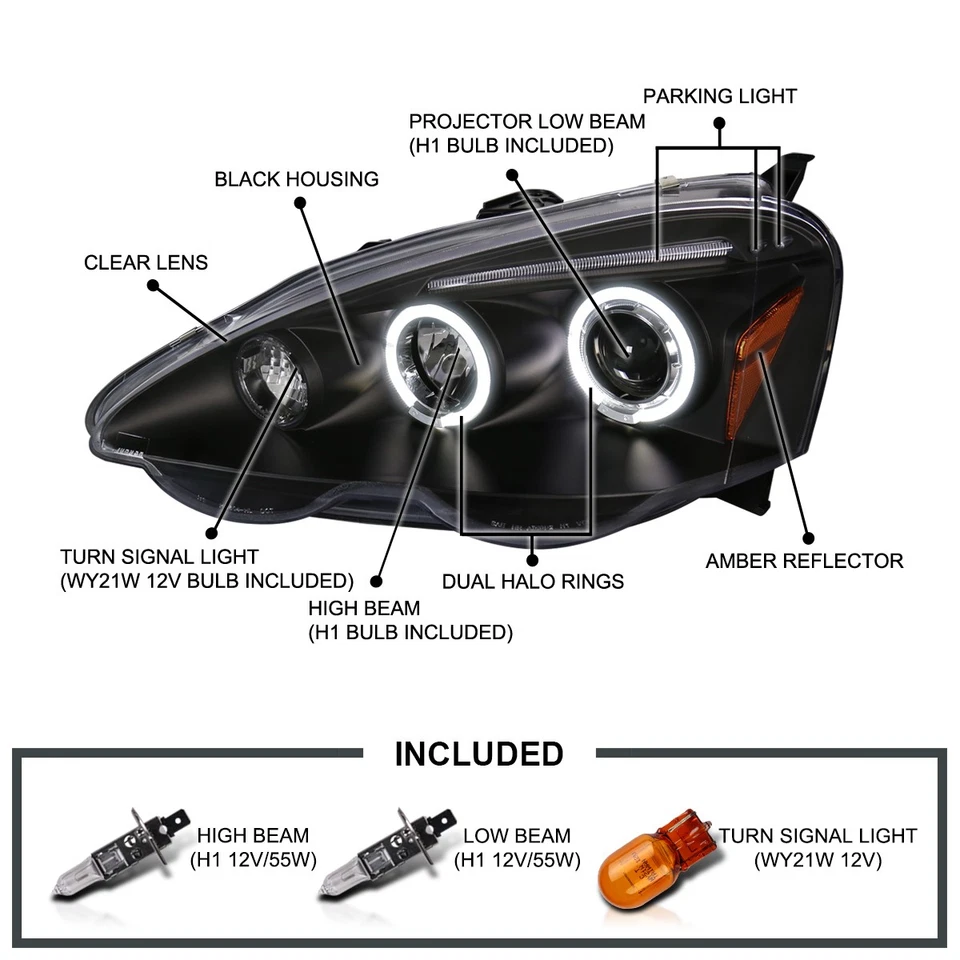 Fits 2002-2004 Acura RSX Black LED Halo Projector Headlights Lamps Left+Right - Imagem 3 de 4