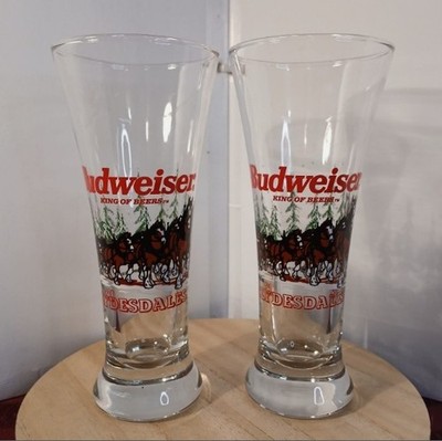 2Pcs Vintage Budweiser Trumpet Glasses Winter Clydesdales 7 1/4'' Pilsner