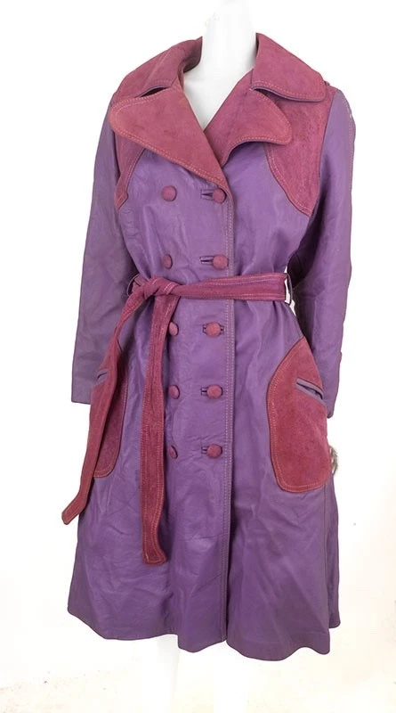 1970s Vintage Trench Coat Color Block Leather and Suede Puple & Pink - Image 2 of 4
