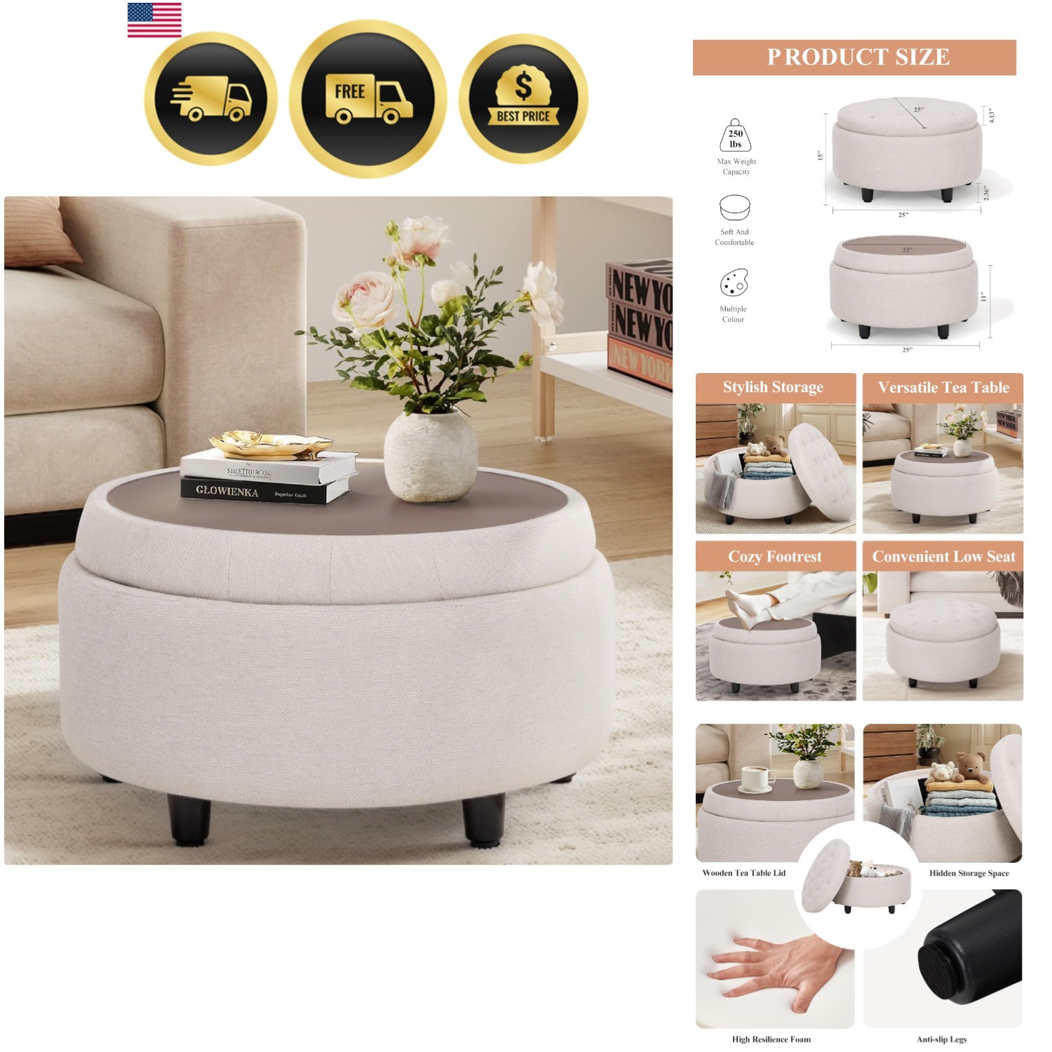 Fabric Round Storage Ottoman Footrest Coffee Table Hidden Storage Beige