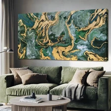 Green and Gold Abstract Canvas Wall Art 24×48 inch Horizontal, Emerald Marble...