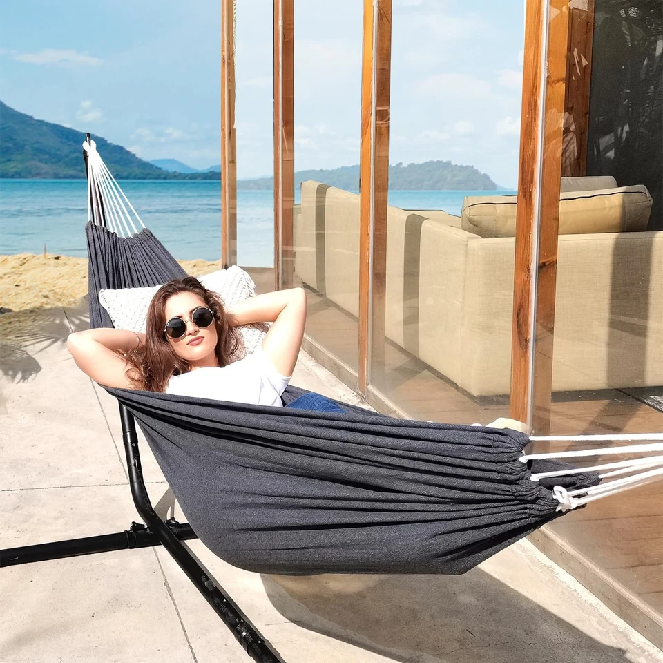 Cotton Hammock with Tree Straps, 660lbs Capacity, Portable for Camping & Patio - Image 2 of 4