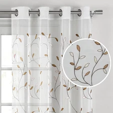 Wavy Leaves, Embroidered Window Curtain with Grommets, Extra Wide Single Panel, 