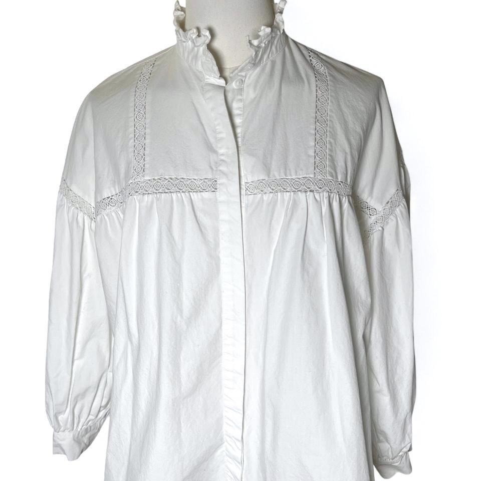 Ruffle Neck Button Front Blouse White Cotton Zara… - image 1