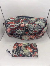 Vera Bradley Crossbody Hobo Bag Purse Double Snap Pockets Coral & Grn w/ Wallet