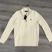 Polo Ralph Lauren  Cable Knit Zip-up Pullover, White & Beige, Unisex, Size XL