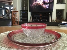 Vintage Ruby Indiana Glass Chip and Dip Set Flashed with Lattice Work Design.