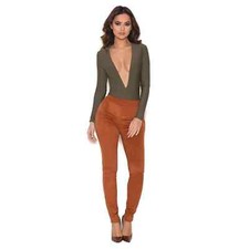 House of CB Sazan Faux Suede Skinny Leggings Side Zip Tan Women's Size M NWT
