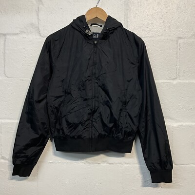 Gap Windbreaker - Solid Black Zip Up Large Hooded Wind