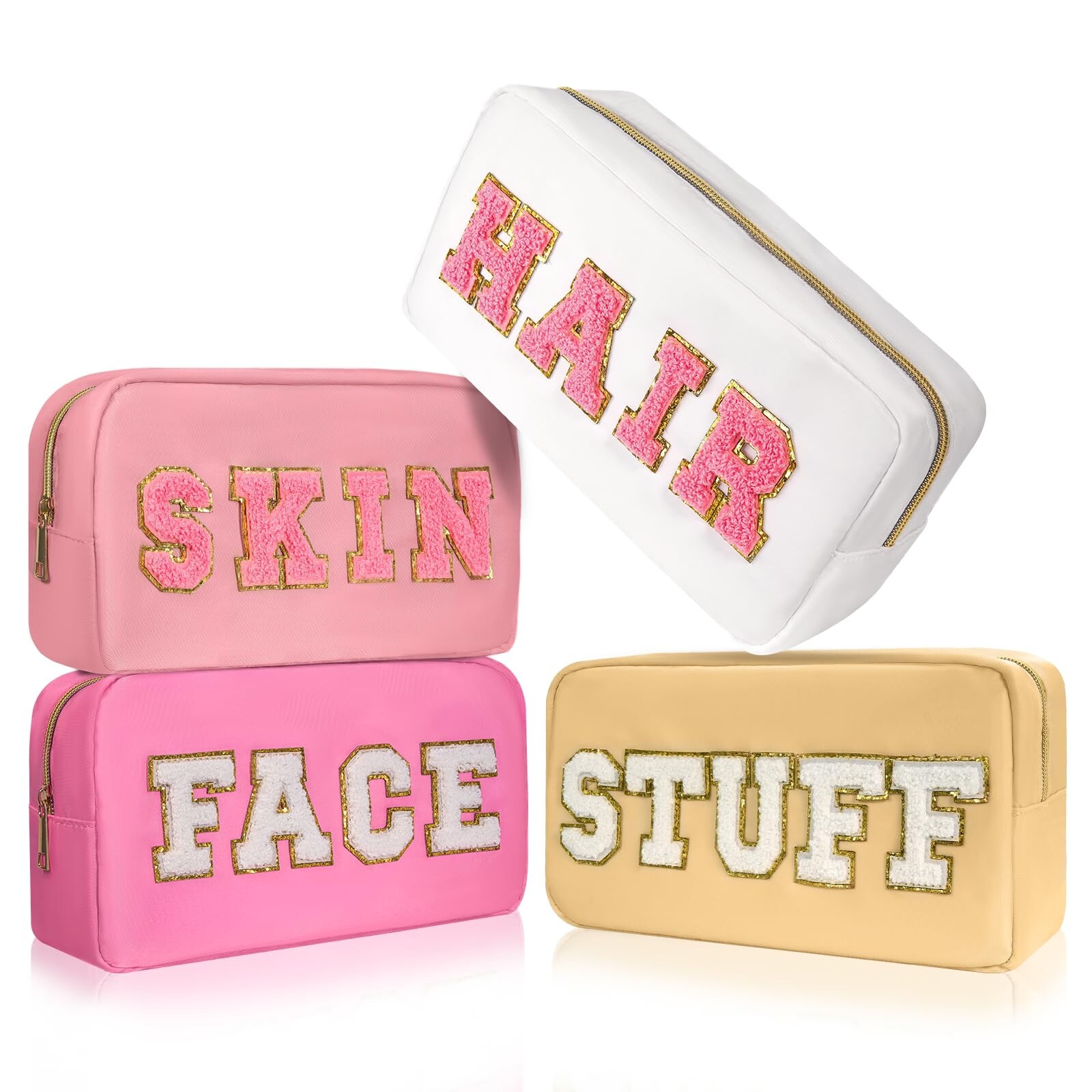 4Pcs Preppy Varsity Makeup Bags Set for Travel & Cosmetics