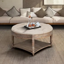 Ottoman Coffee Table, 2-Tier Waterproof Button Tufted Ottoman w/Hidden Storage