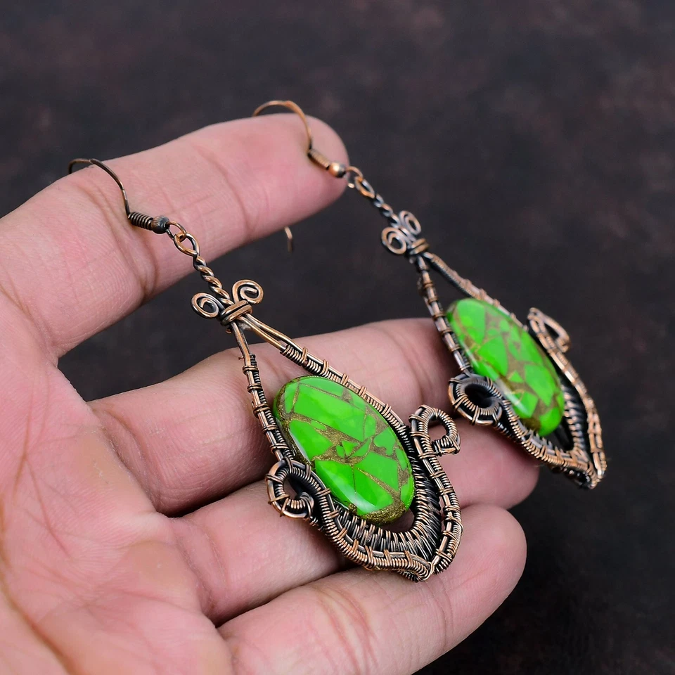 Oval Copper Green Turquoise Gemstone Copper Dangle Drop Wire Wrapped Earrings - Image 4 of 4