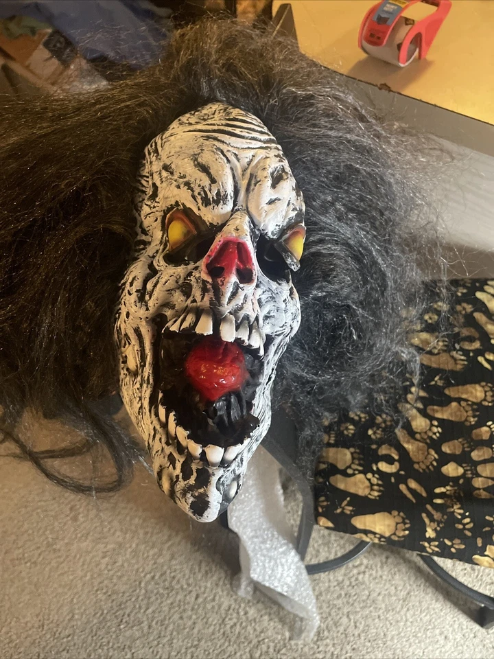 Halloween Skull Mask Attached Wild Hair & Open Mouth W/ Red Tongue Costume. B2 - Image 4 of 4