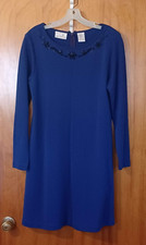 BLUE DRESS Sz SMALL Wool Sweater Style Black Beads Dressy Flared - Liz Claiborne
