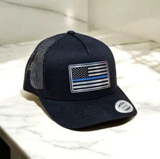Acrylic Stainless USA Blu Line Flag BLCK /BLCK Snapback Yupoong Trucker Hat  NEW