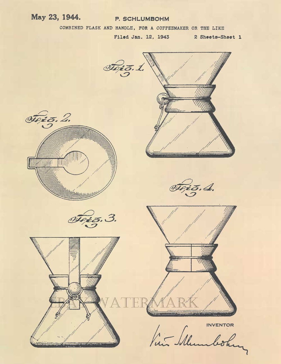 Chemex Coffee Pot US Patent Art Print Antique Vintage French